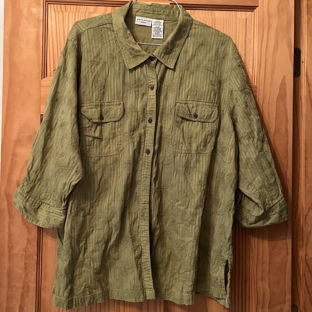 White Stag 100% Cotton green embroidered button-down blouse size 4X